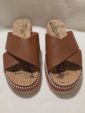 Sam Edelman Leyton Brown Cross Strap Slip On Sandals